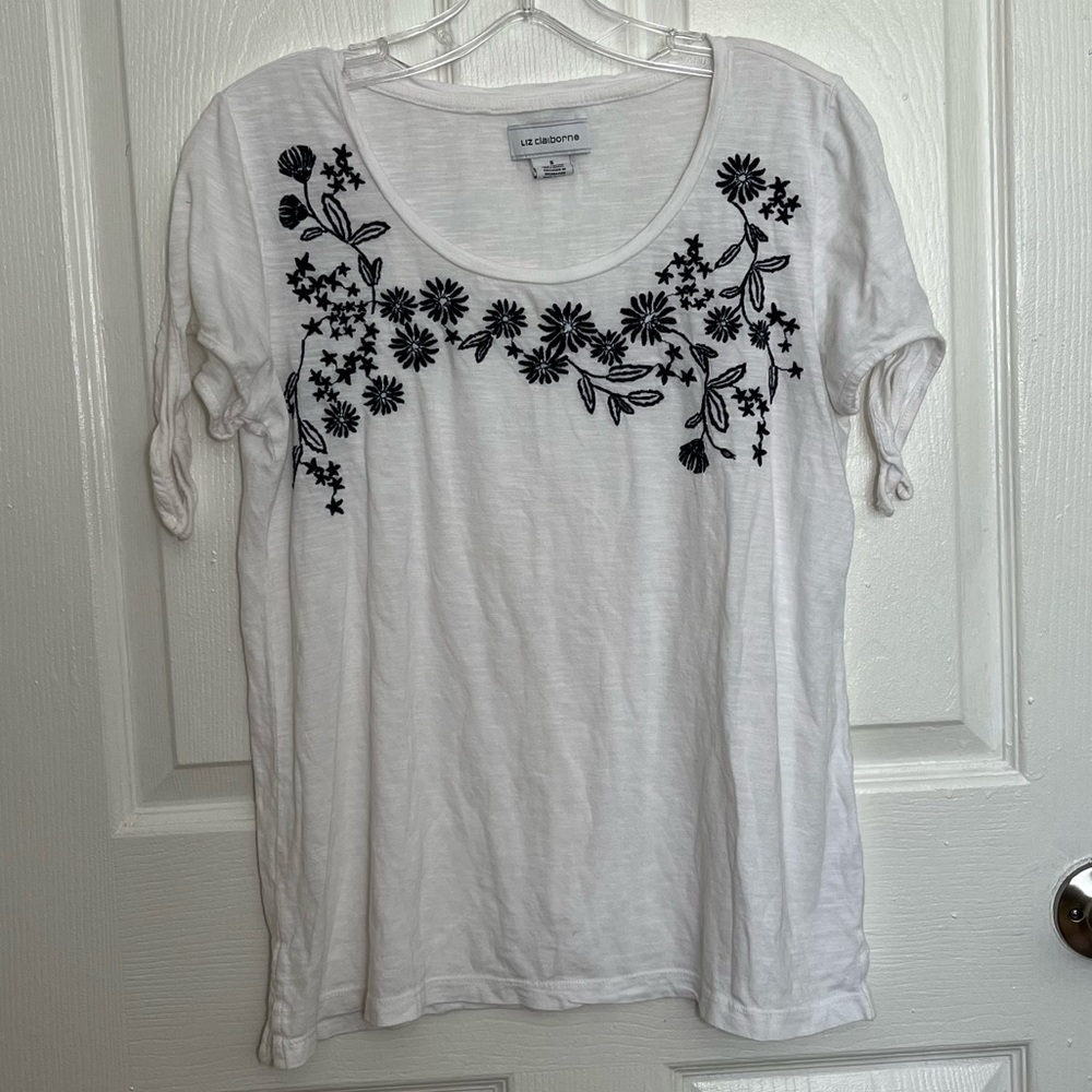 LIZ CLAIBORNE White Embroidered Eyelet Cotton Blend T-Shirt Top | Size Small